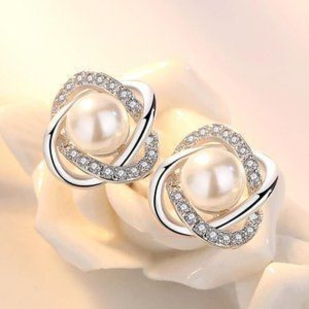 925 Sterling Silver Pearl Diamond Stud Earrings G